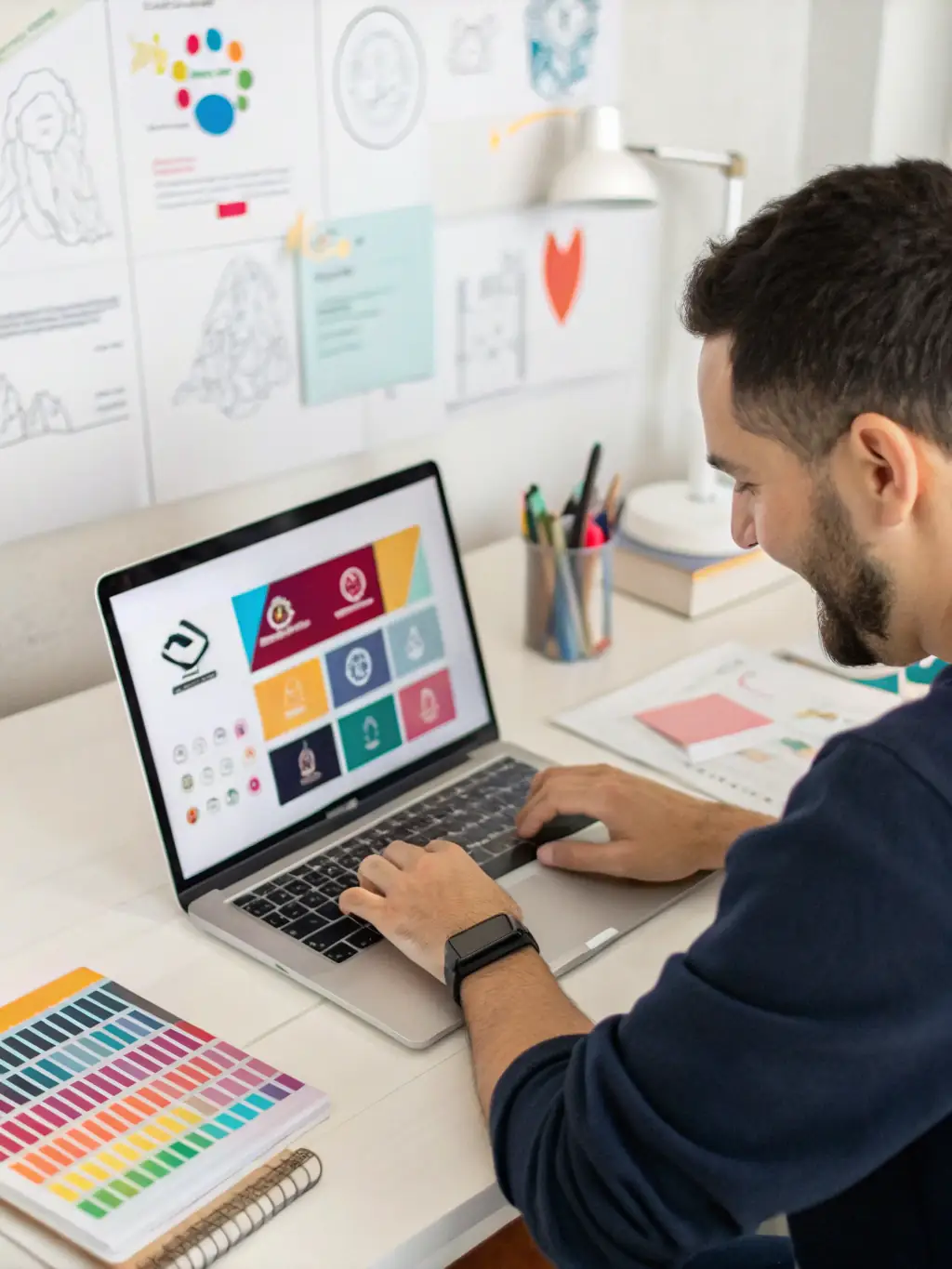A laptop displaying an AI-powered logo design tool in action, with various logo options and customization features visible on the screen.
