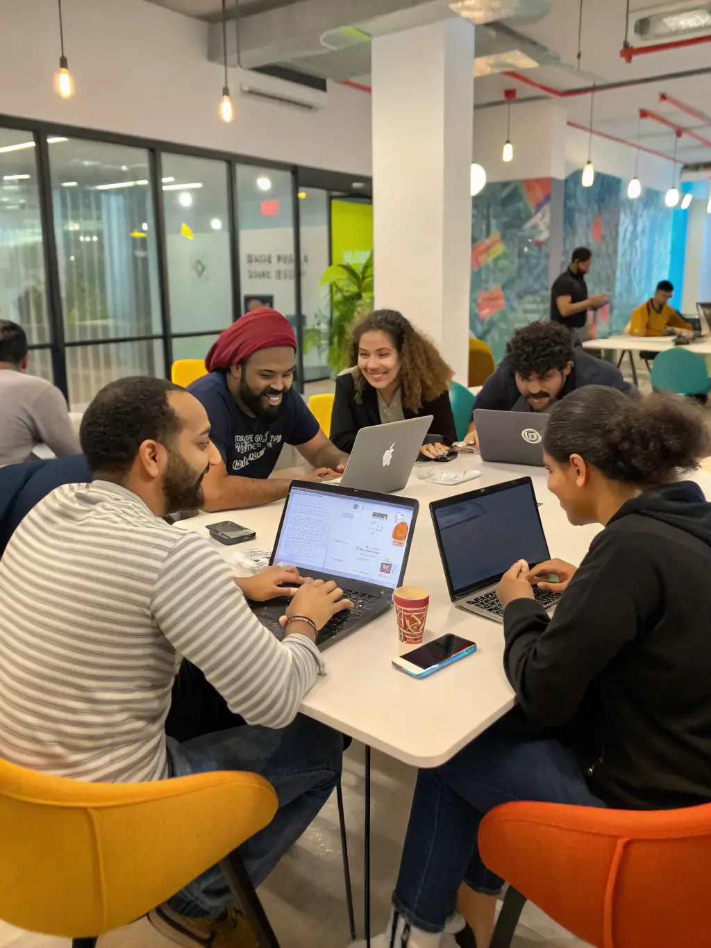 A diverse group of creators and freelancers connecting and sharing ideas in a modern co-working space, symbolizing the community aspect of Building a Brand Online.