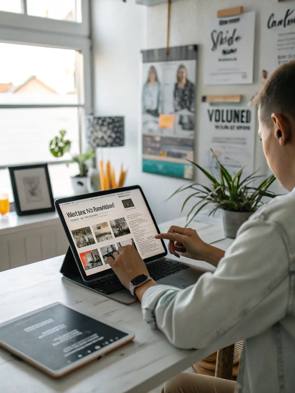 A person studying a branding course on a tablet, surrounded by notebooks and branding guides, indicating a learning environment focused on practical branding skills.