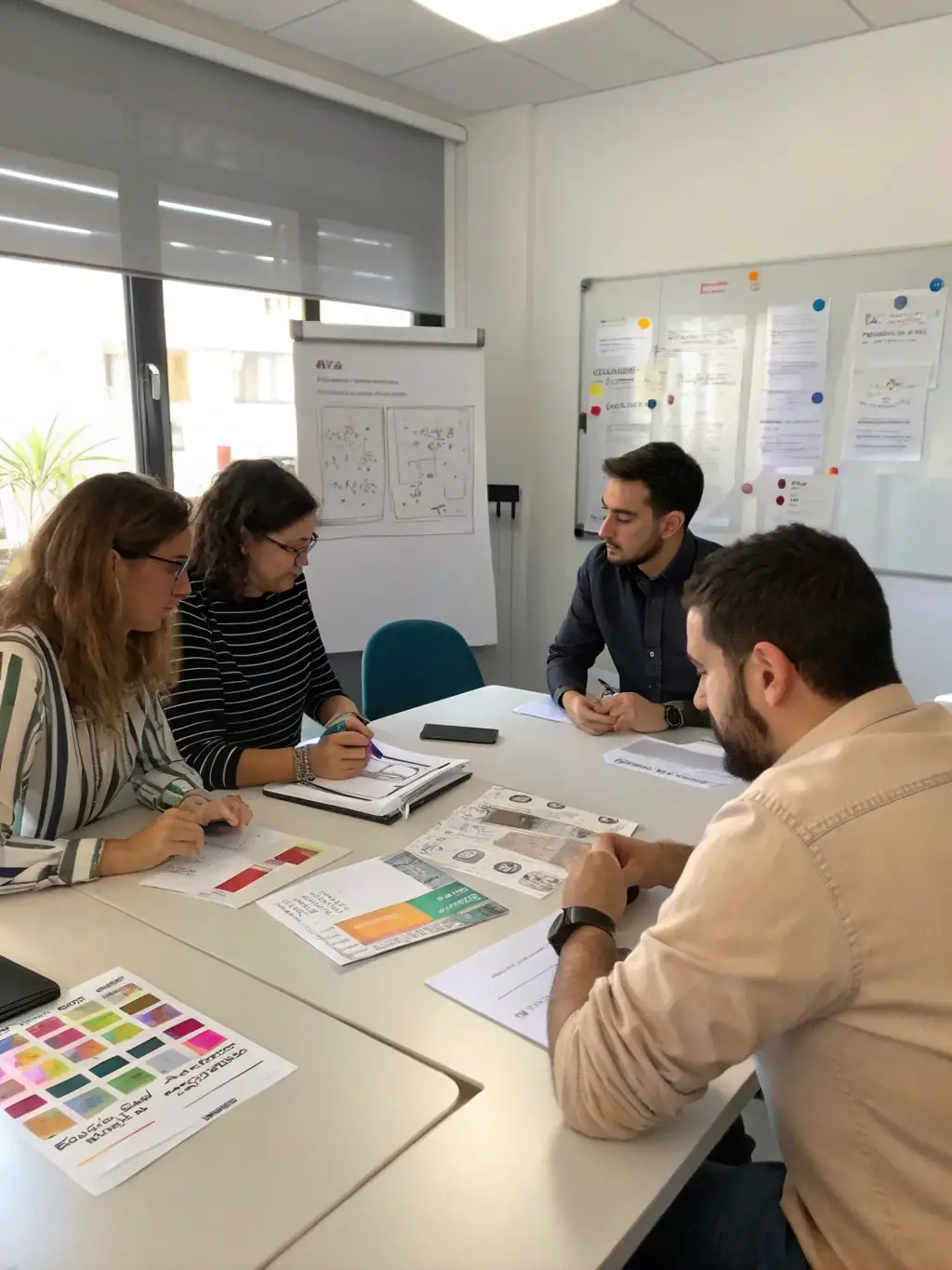 A diverse group of professionals brainstorming around a whiteboard filled with brand concepts and ideas, emphasizing the collaborative and creative aspects of brand building.