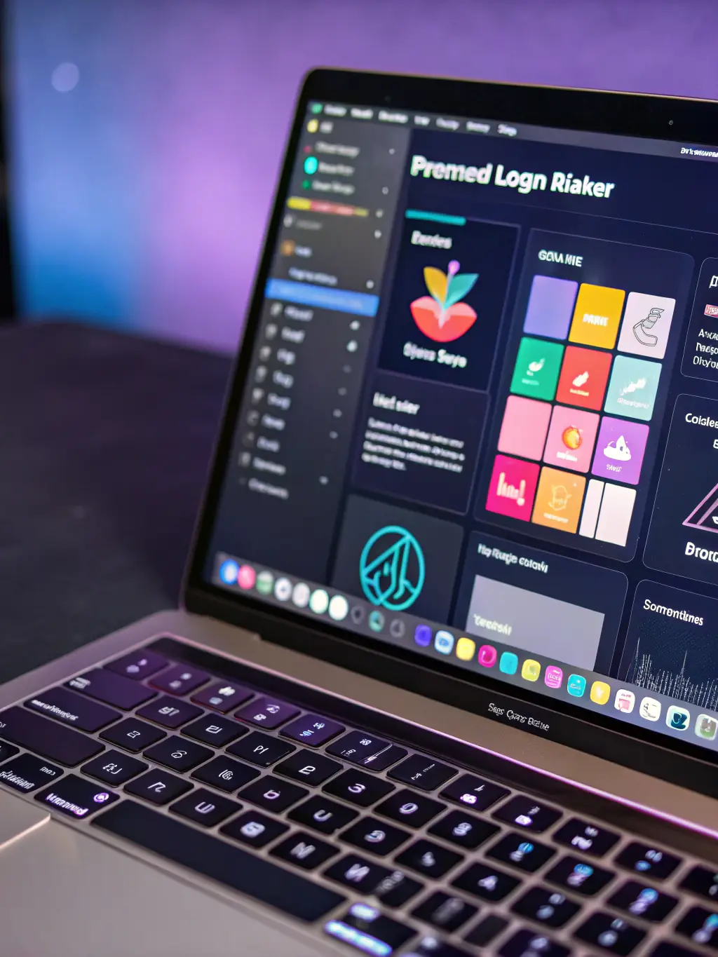 A digital illustration showcasing an AI logo maker generating various logo designs based on user input, set against a backdrop of branding elements.