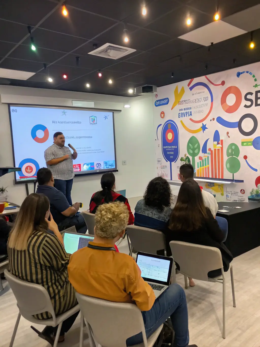 A person enthusiastically participating in an online SEO training session, with charts and data visualizations displayed on the screen.